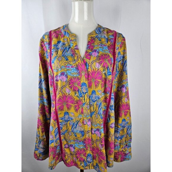 Anthropologie Small Floral Boho Pink Print Fleece Button-Down PJ Top or Blouse - Picture 1 of 11